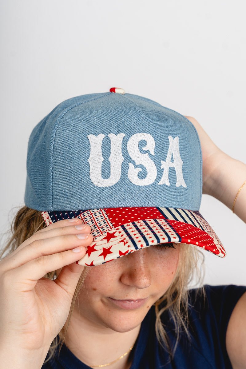 USA embroidered patchwork hat denim - Trendy hat - Cute American Summer Collection at Lush Fashion Lounge Boutique in Oklahoma City