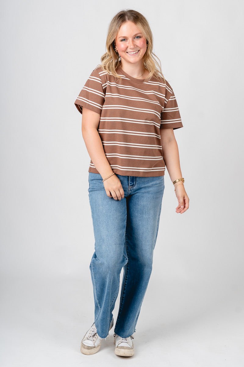 Striped boxy short sleeve t-shirt brown/white