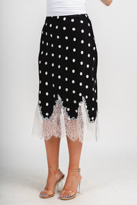 Lace trim polka dot midi skirt black/white | Lush Fashion Lounge: boutique fashion skirts, affordable boutique skirts, cute affordable skirts