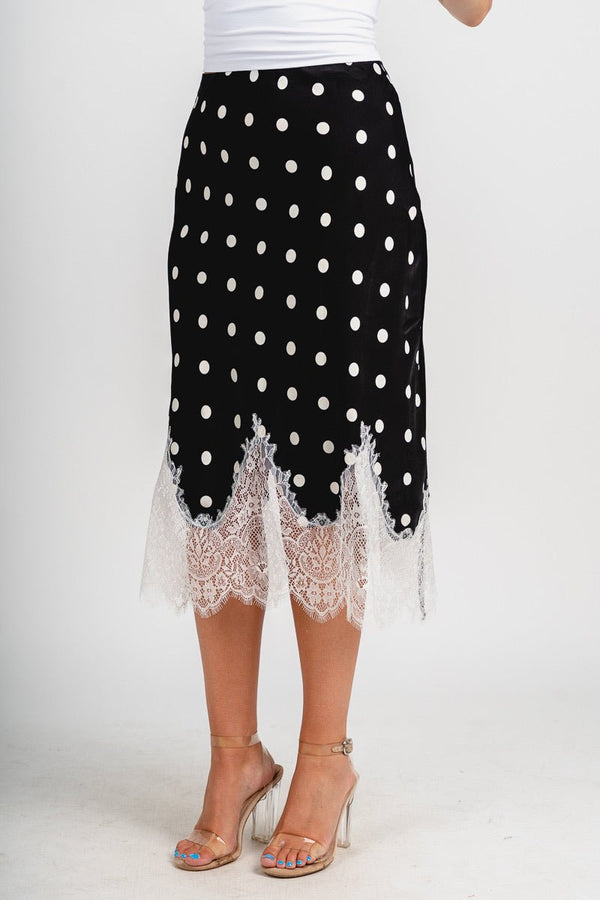 Lace trim polka dot midi skirt black/white | Trendy Skirts - Lush