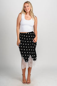 Lace trim polka dot midi skirt black/white | Lush Fashion Lounge: boutique fashion skirts, affordable boutique skirts, cute affordable skirts