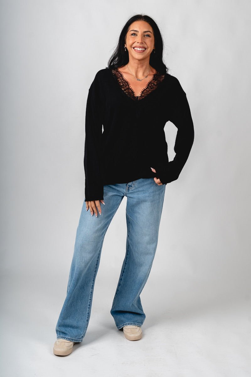 Lace trim sweater black - Trendy Sweaters | Cute Pullover Sweaters at Lush Fashion Lounge Boutique in Oklahoma City