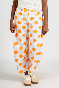 Polka dot barrel jeans white/orange | Lush Fashion Lounge: boutique women's jeans, fashion jeans for women, affordable fashion jeans, cute boutique jeans