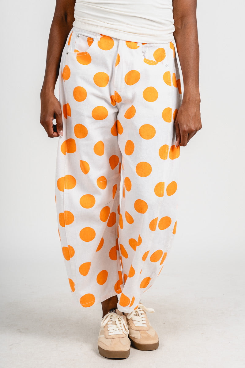 Polka dot barrel jeans white/orange | Lush Fashion Lounge: boutique women's jeans, fashion jeans for women, affordable fashion jeans, cute boutique jeans