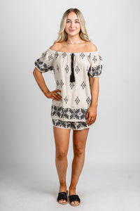 Off shoulder embroidered top natural/black - Fun top - Unique Getaway Gear at Lush Fashion Lounge Boutique in Oklahoma
