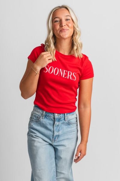 OU OU Sooners crop baby tee red T-shirt | Lush Fashion Lounge Trendy Oklahoma University Sooners Apparel & Cute Gameday T-Shirts