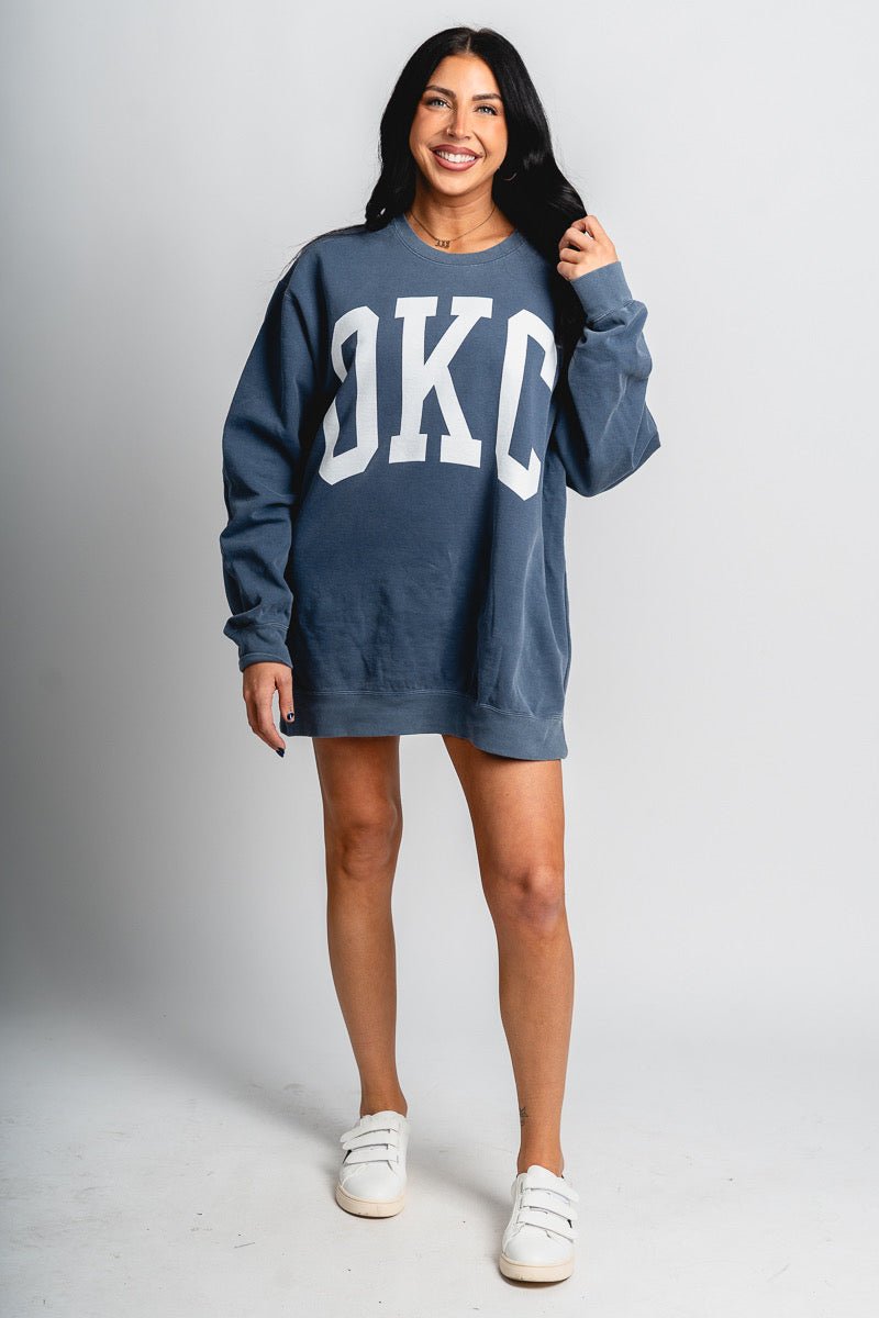 OKC oversized sweatshirt faded navy - Oklahoma City inspired graphic t-shirts at Lush Fashion Lounge Boutique in Oklahoma City