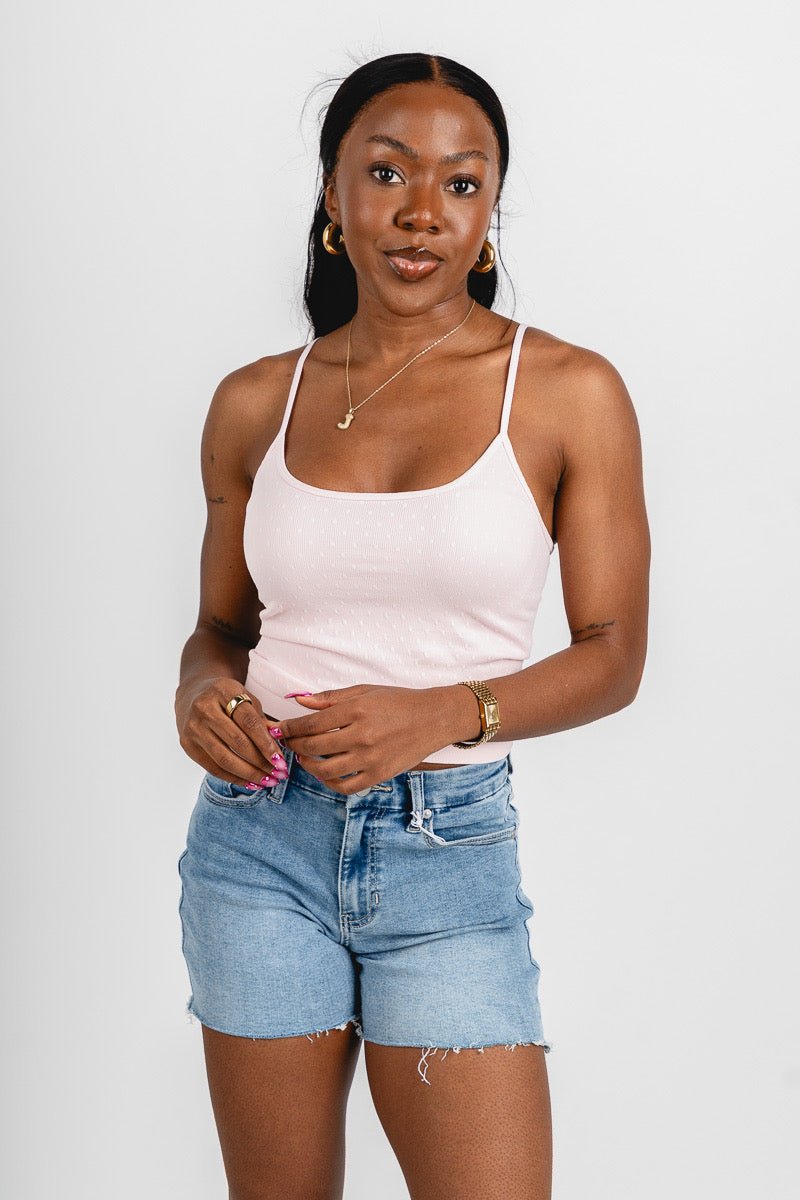 Spaghetti strap polka dot tank top icy pink | Trendy Tank Tops