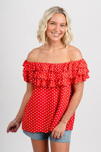 Off shoulder polka dot ruffle top red - Trendy top - Cute American Summer Collection at Lush Fashion Lounge Boutique in Oklahoma City
