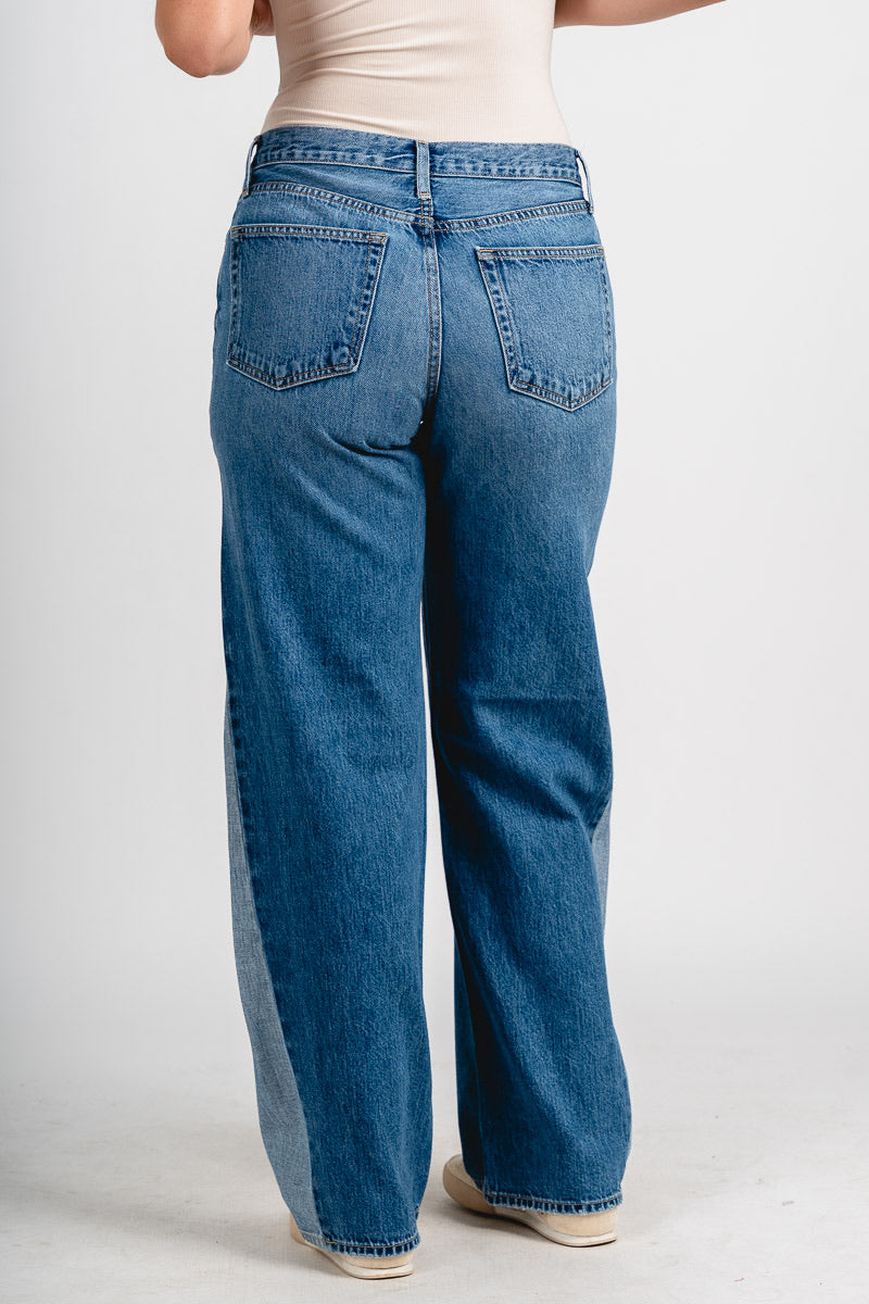 High rise contrast seam barrel jeans medium denim