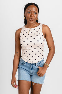 Polka dot tank top khaki - Affordable Tank Top - Boutique Tank Tops at Lush Fashion Lounge Boutique in Oklahoma City