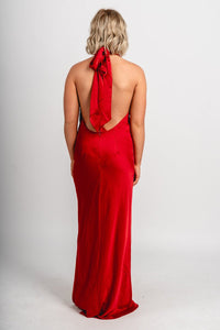 High neck open back satin dress red - Affordable dress - Boutique Dresses at Lush Fashion Lounge Boutique in Oklahoma City