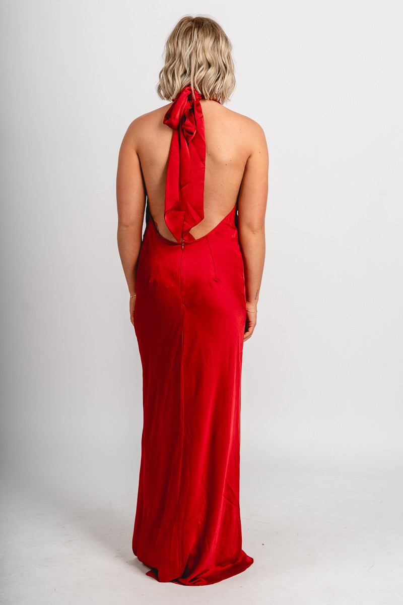High neck open back satin dress red - Affordable dress - Boutique Dresses at Lush Fashion Lounge Boutique in Oklahoma City
