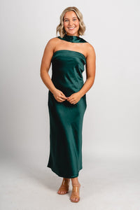 Scarf detail satin midi dress hunter green - Exclusive Collection of Holiday Inspired T-Shirts and Hoodies at Lush Fashion Lounge Boutique in Oklahoma City
