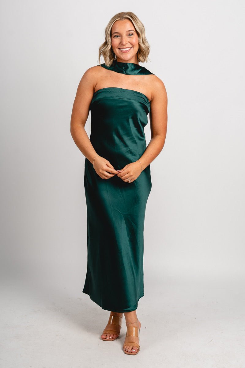 Scarf detail satin midi dress hunter green - Exclusive Collection of Holiday Inspired T-Shirts and Hoodies at Lush Fashion Lounge Boutique in Oklahoma City