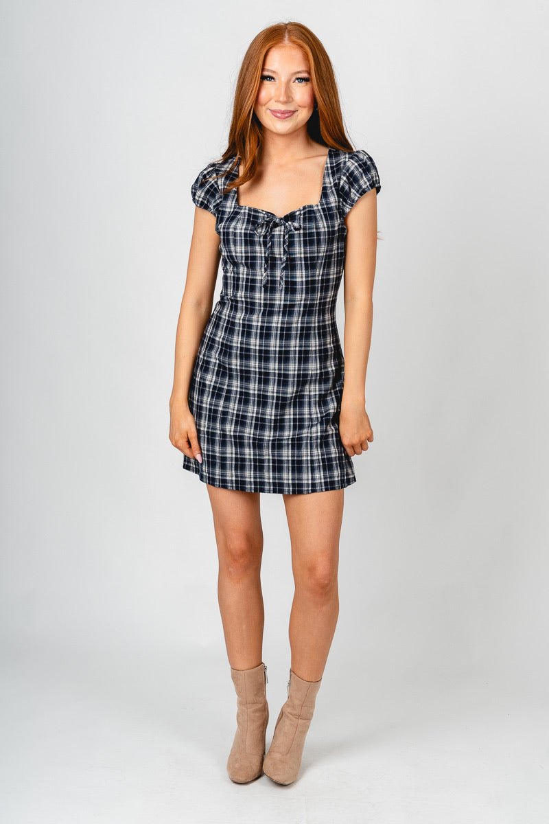 Square neck plaid mini dress navy/cream