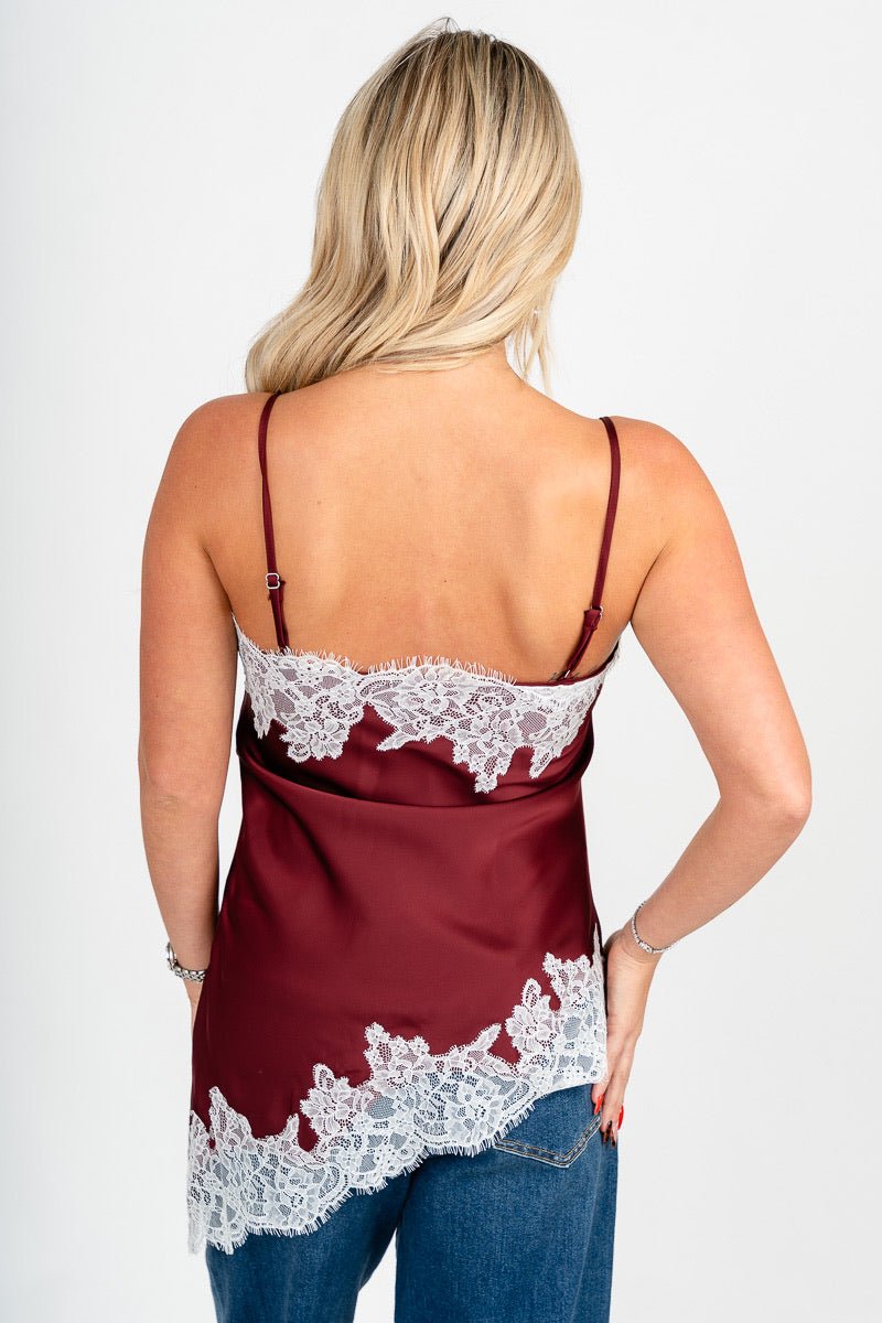 Asymmetrical lace trim tank top burgundy