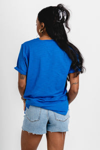 V-neck short sleeve t-shirt cobalt - Vintage OKC Basketball T-Shirts at Lush Fashion Lounge Boutique in Oklahoma City