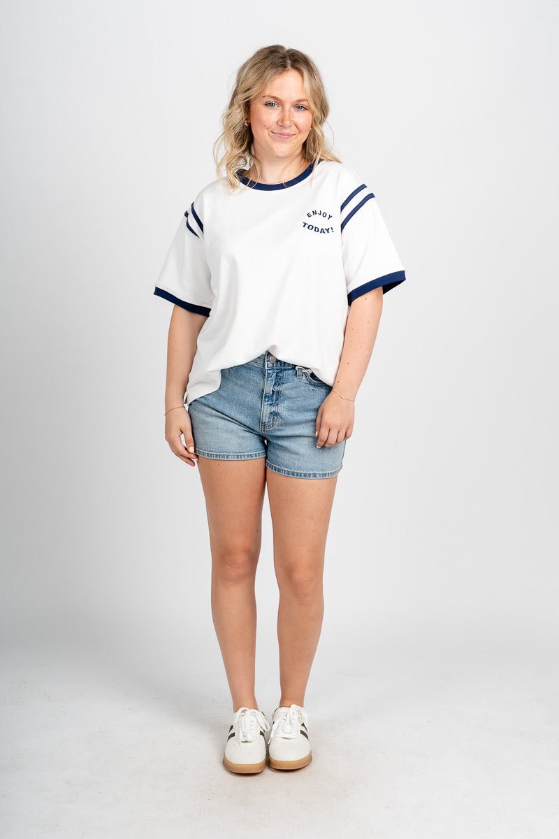 Enjoy today ringer tee off white/blue