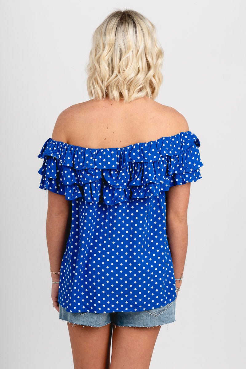 Off shoulder polka dot ruffle top royal