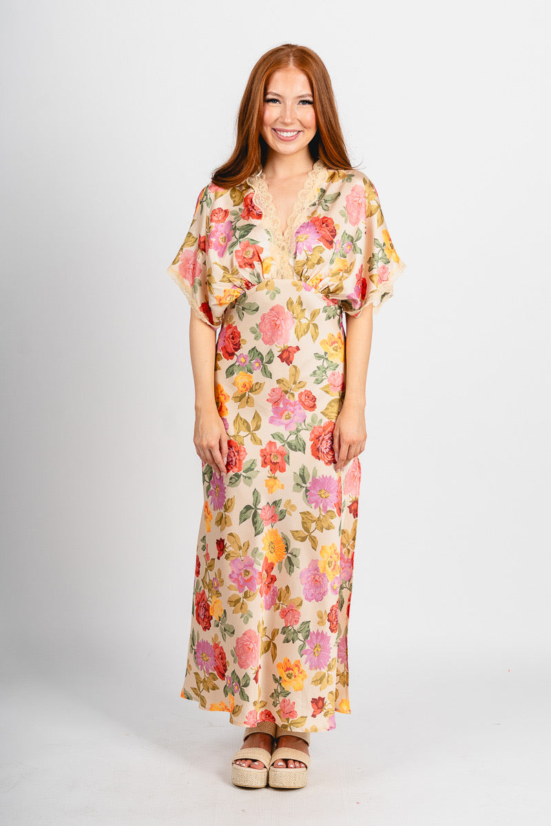 Floral lace trim maxi dress romantic garden - Affordable dress - Boutique Dresses at Lush Fashion Lounge Boutique in Oklahoma City