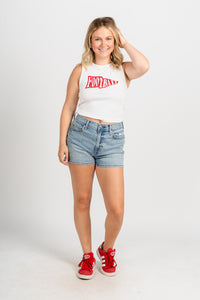 Football pennant flag tank top white/red Stylish top - Womens Fashion Tank Tops at Lush Fashion Lounge Boutique in Oklahoma City
