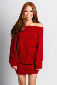 Off shoulder fuzzy sweater ruby red – Stylish Sweaters | Boutique Sweaters at Lush Fashion Lounge Boutique in Oklahoma City
