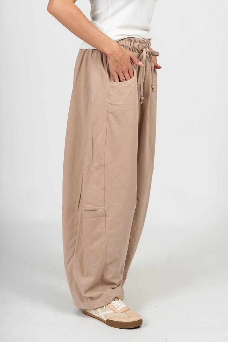 Barrel leg sweatpants taupe - Cute sweatpants - Fun Cozy Basics at Lush Fashion Lounge Boutique in Oklahoma City