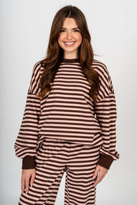 Striped sweatshirt pink/brown - Cute Sweatshirt - Fun Cozy Basics at Lush Fashion Lounge Boutique in Oklahoma City