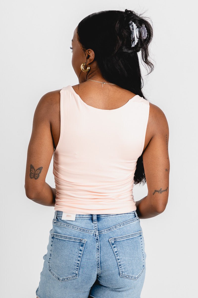 Square neck ruched tank top peachy pink