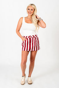 OU Striped mini skort crimson/white skort | Lush Fashion Lounge Trendy Oklahoma University Sooners Apparel & Cute Gameday T-Shirts