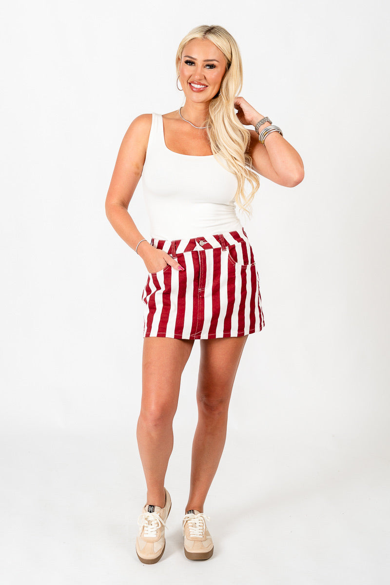 OU Striped mini skort crimson/white skort | Lush Fashion Lounge Trendy Oklahoma University Sooners Apparel & Cute Gameday T-Shirts