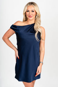 Cowl neck satin mini dress navy - Affordable dress - Boutique Dresses at Lush Fashion Lounge Boutique in Oklahoma City