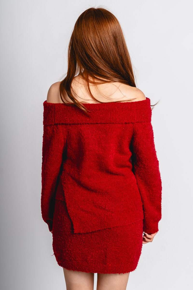 Off shoulder fuzzy sweater ruby red