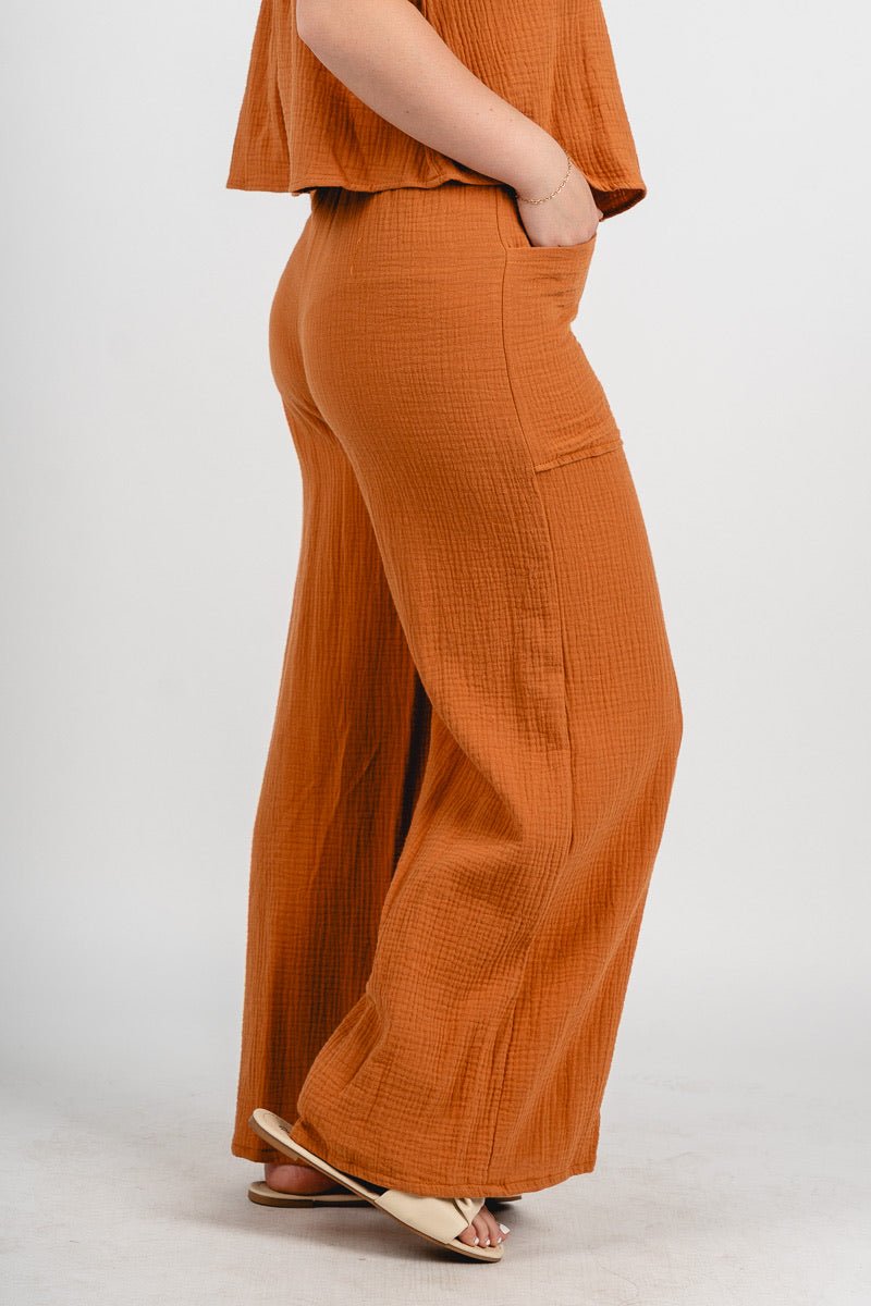 Gauze wide leg pants maple | Lush Fashion Lounge: women's boutique pants, boutique women's pants, affordable boutique pants, women's fashion pants