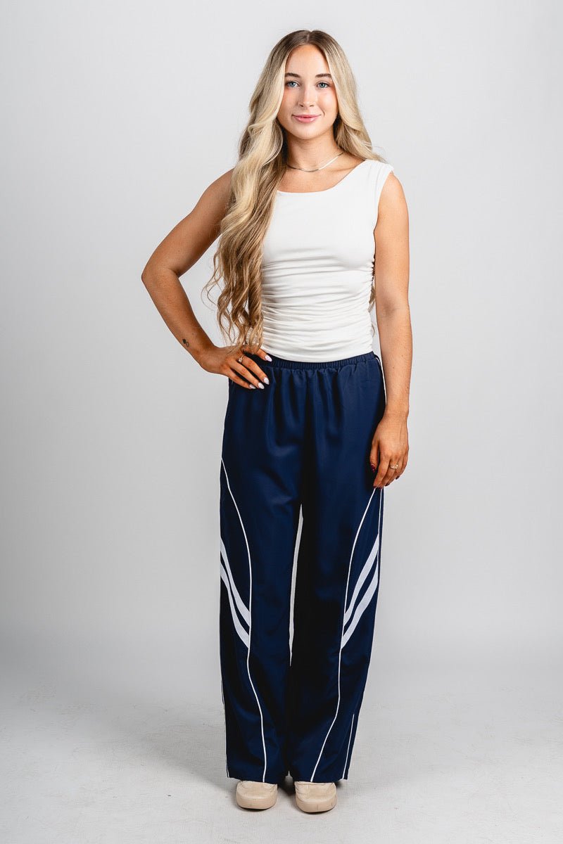 Wide leg track pants navy - Oklahoma City inspired graphic t-shirts at Lush Fashion Lounge Boutique in Oklahoma City