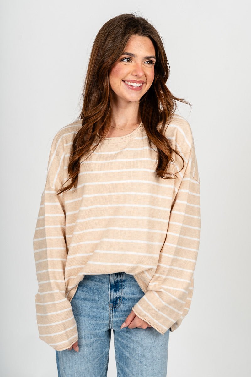 Striped oversized sweater oatmeal – Stylish Sweaters | Boutique Sweaters at Lush Fashion Lounge Boutique in Oklahoma City