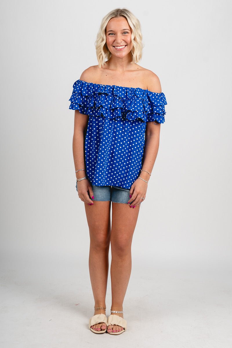 Off shoulder polka dot ruffle top royal - Stylish top - Trendy American Summer Fashion at Lush Fashion Lounge Boutique in Oklahoma