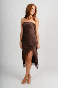 Strapless lace trim midi dress dark chocolate - Trendy dress - Fashion Dresses at Lush Fashion Lounge Boutique in Oklahoma City