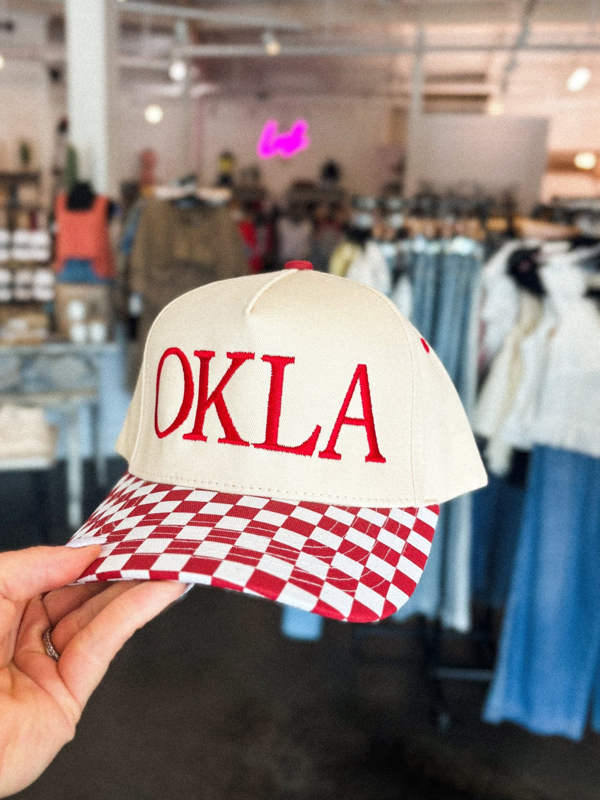 OKLA checkered hat natural/crimson - Trendy Gifts at Lush Fashion Lounge Boutique in Oklahoma City