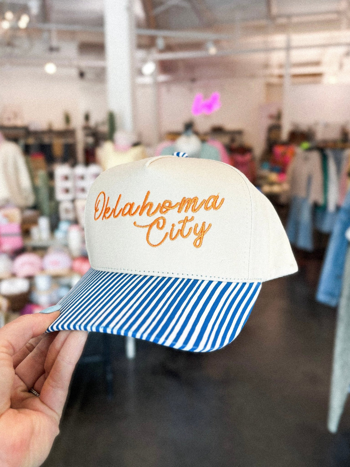Oklahoma City script pin stripe hat cobalt pin stripe/cream - Trendy OKC Apparel at Lush Fashion Lounge Boutique in Oklahoma City
