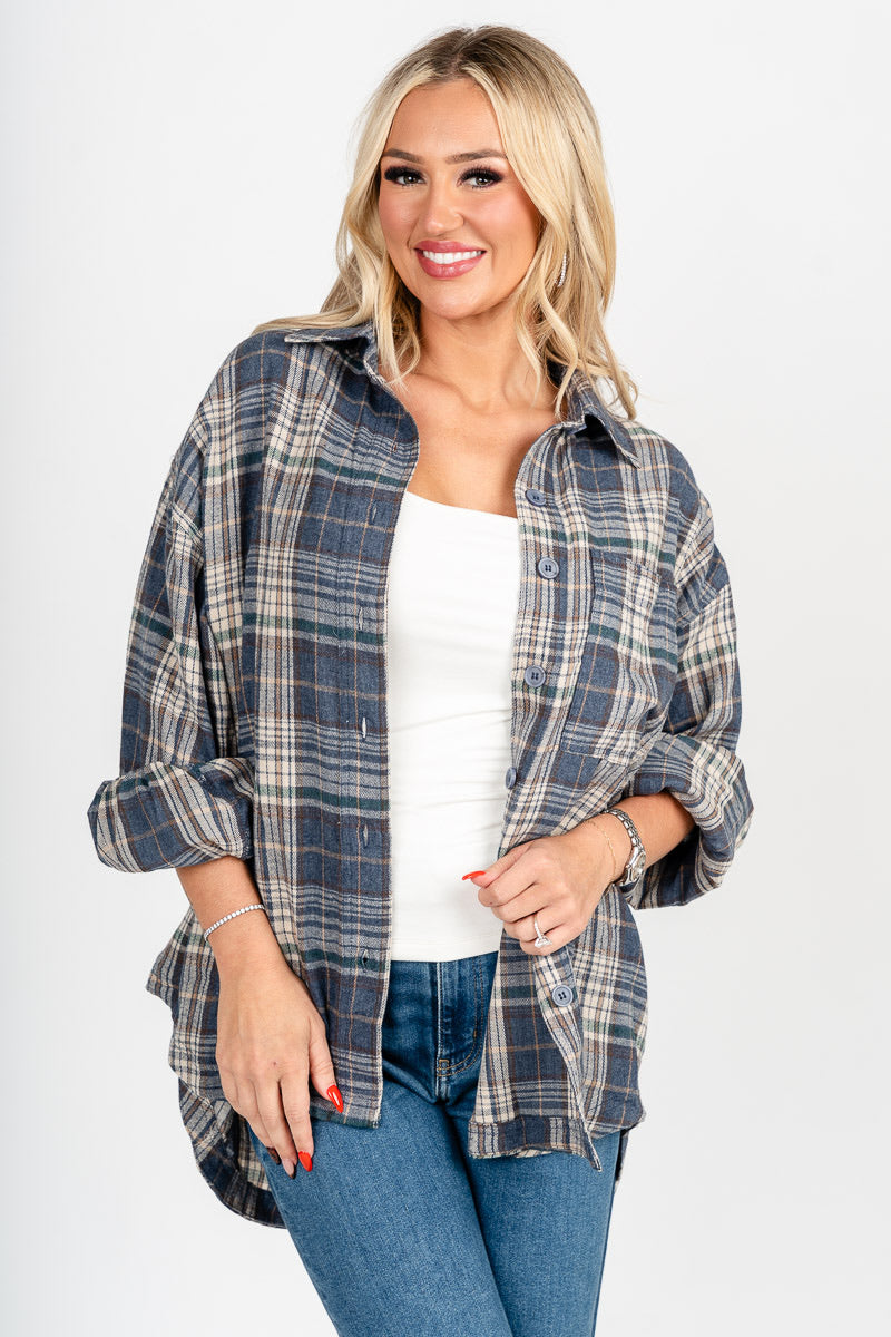 Button up plaid top denim