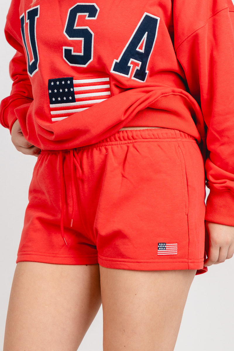 Flag sweat shorts tomato - Trendy shorts - Cute American Summer Collection at Lush Fashion Lounge Boutique in Oklahoma City