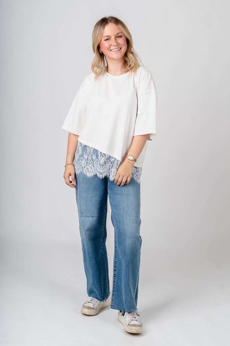 Short sleeve lace trim top off white
