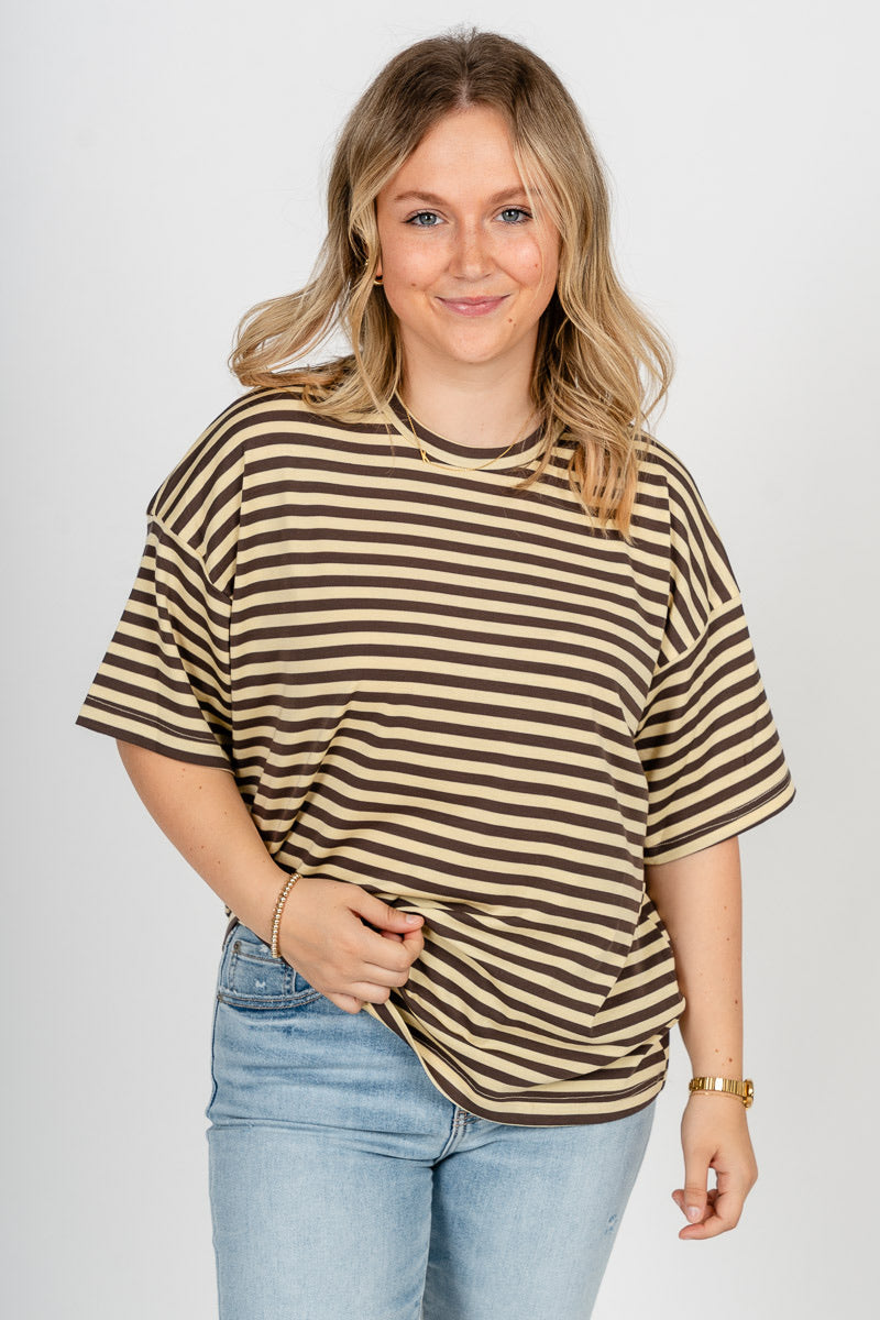 Striped short sleeve top butter/charcoal