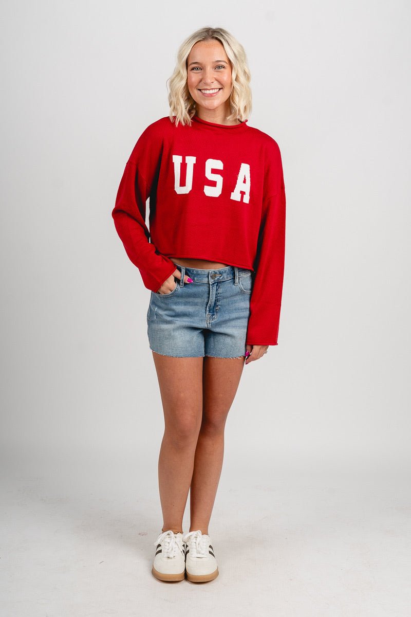 USA mock neck sweater red - Fun Sweater - Unique American Summer Ideas at Lush Fashion Lounge Boutique in Oklahoma