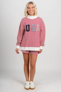 USA patchwork mock neck striped sweatshirt red/white - Fun sweatshirt - Unique American Summer Ideas at Lush Fashion Lounge Boutique in Oklahoma