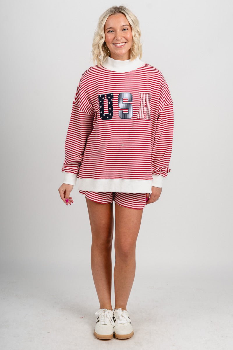 USA patchwork mock neck striped sweatshirt red/white - Fun sweatshirt - Unique American Summer Ideas at Lush Fashion Lounge Boutique in Oklahoma