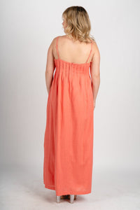 Strappy linen maxi dress coral - Affordable dress - Boutique Dresses at Lush Fashion Lounge Boutique in Oklahoma City