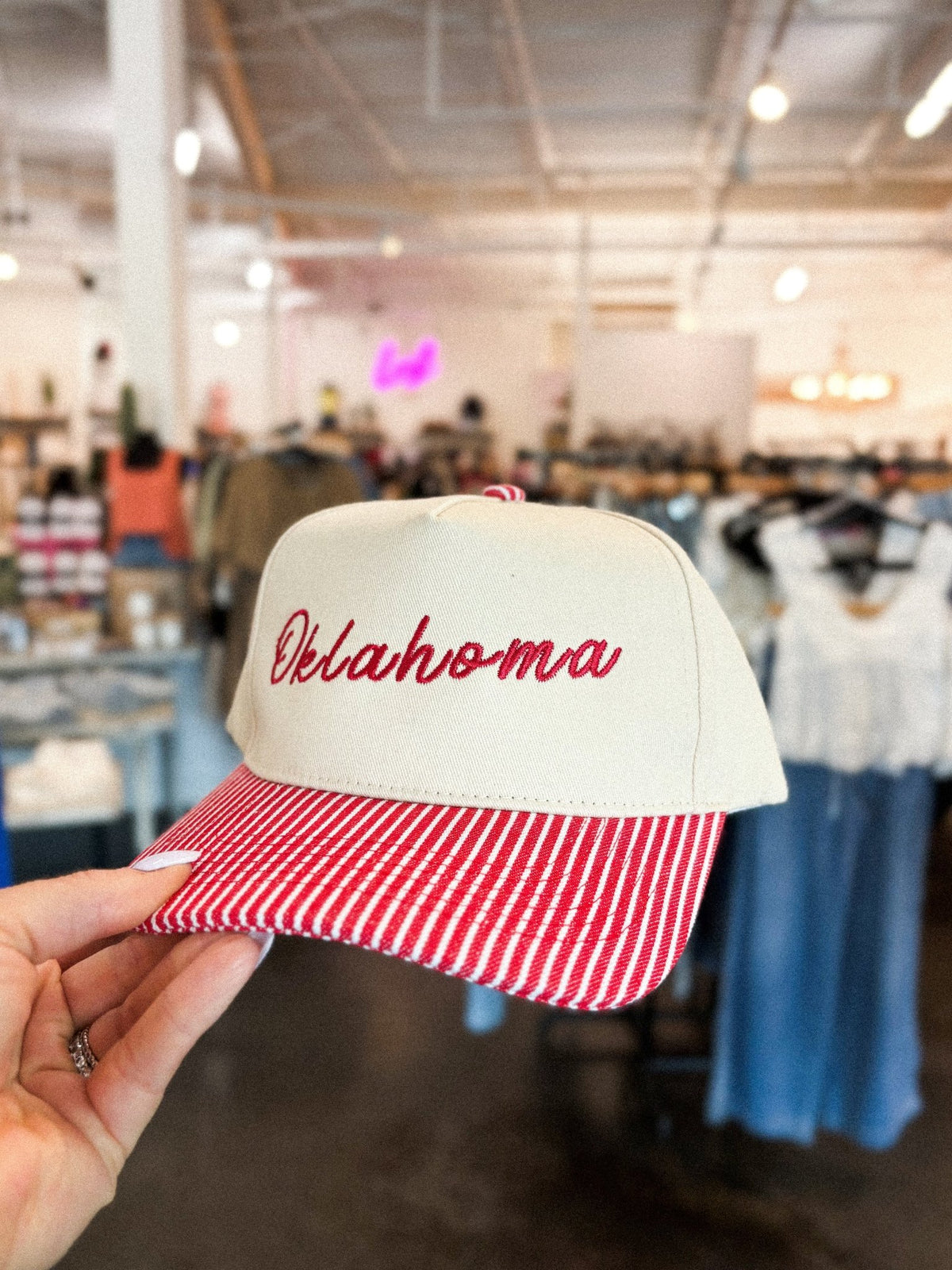 Oklahoma script pinstripe hat natural/red - Trendy Gifts at Lush Fashion Lounge Boutique in Oklahoma City